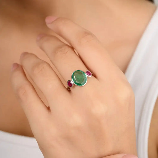 Emerald & Ruby With 18k Solid White Gold Three Stone Ring For Womens