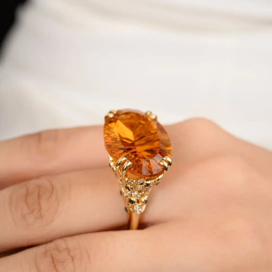 Luxurious 14k Solid Yellow Gold With Citrine & Diamond Regal Cocktail Ring