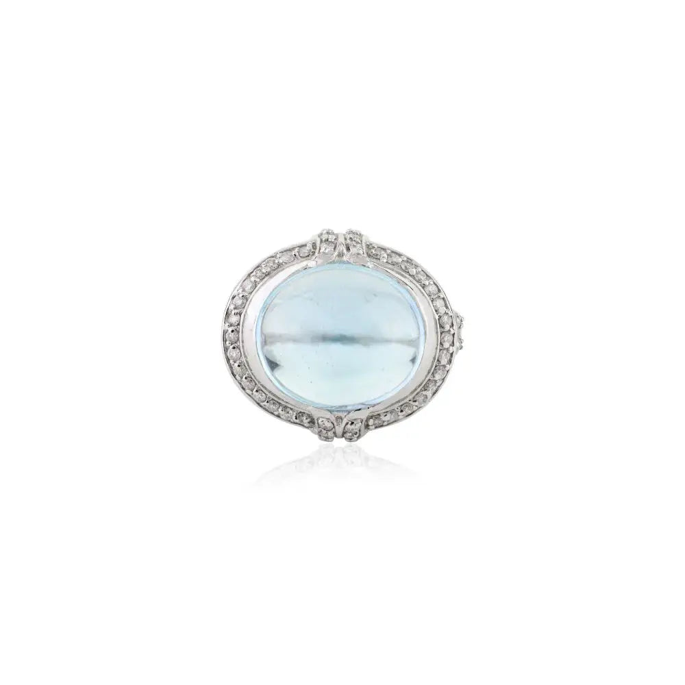 Natural Blue Topaz & Halo Diamond Regal Solitaire Ring in 18k White Gold