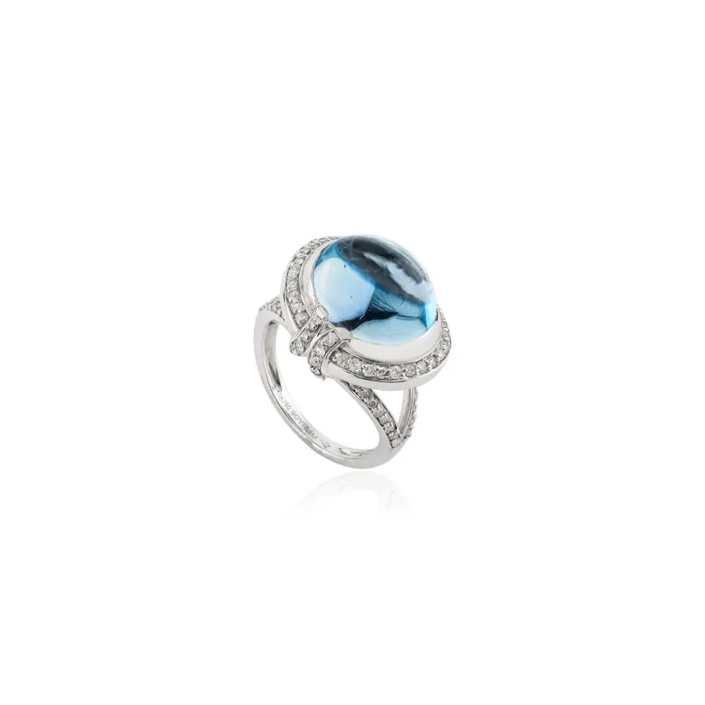 Natural Blue Topaz & Halo Diamond Regal Solitaire Ring in 18k White Gold