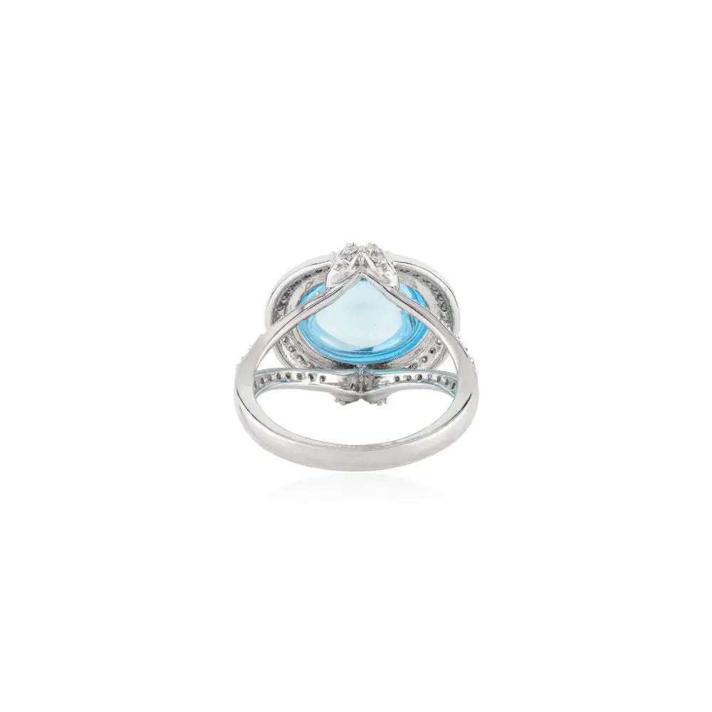 Natural Blue Topaz & Halo Diamond Regal Solitaire Ring in 18k White Gold