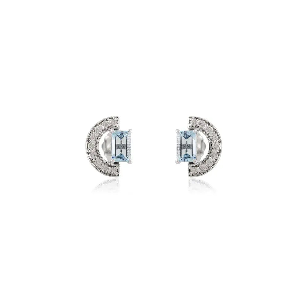 Everyday Wear Aquamarine & Diamond 14k Solid White Gold Stud Earrings