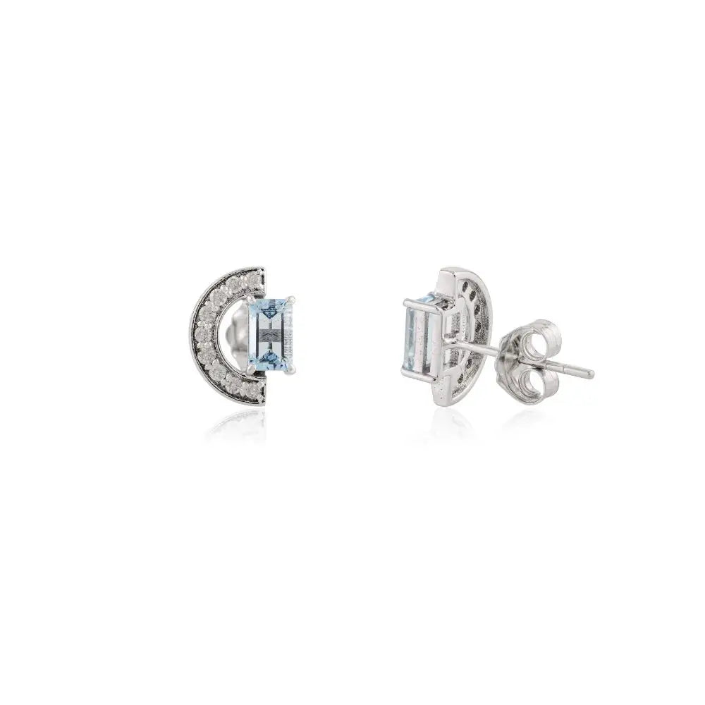 Everyday Wear Aquamarine & Diamond 14k Solid White Gold Stud Earrings