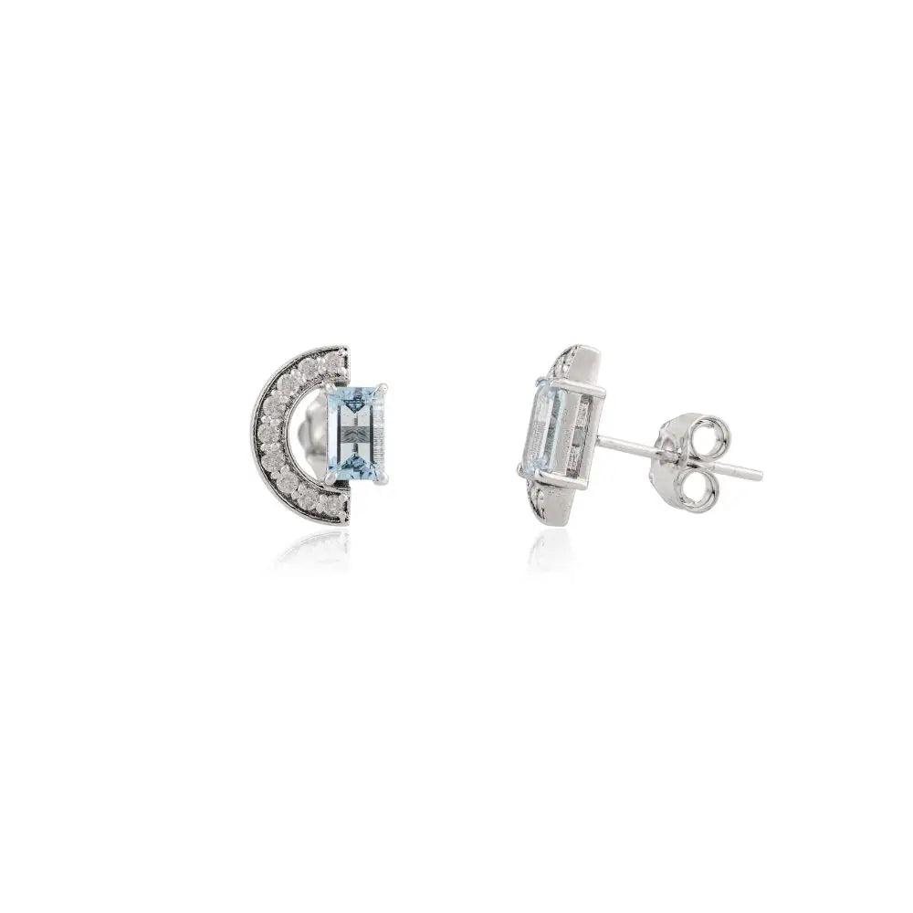 Everyday Wear Aquamarine & Diamond 14k Solid White Gold Stud Earrings