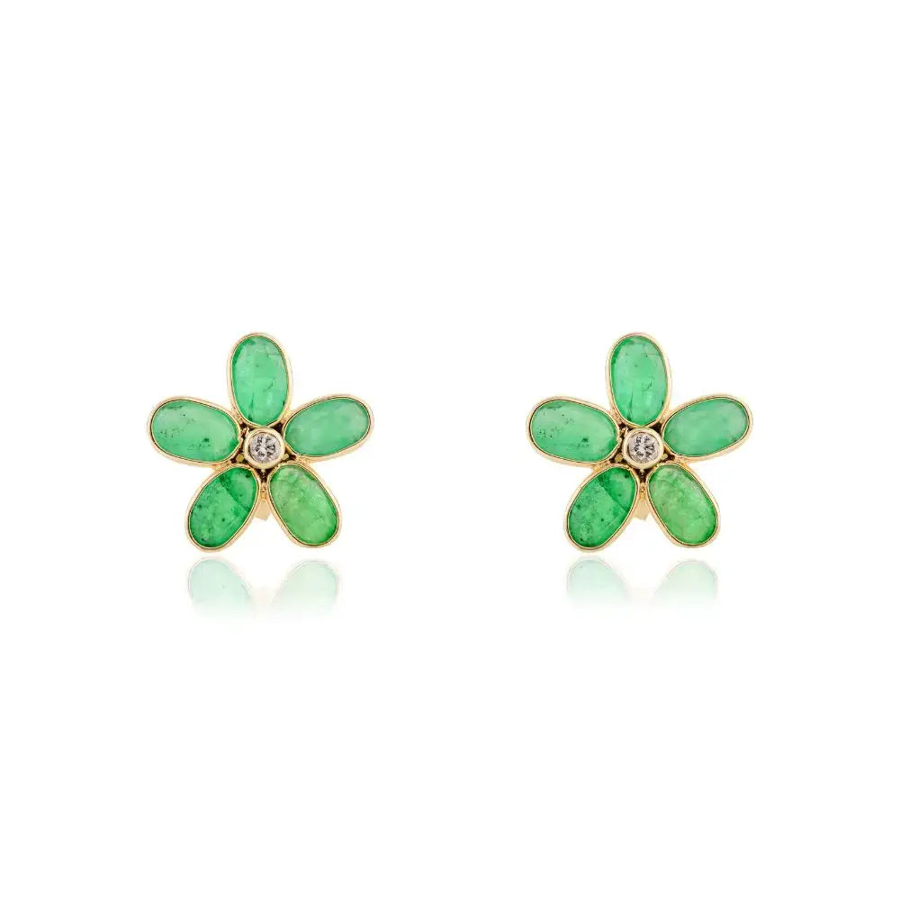 Everyday Wear Emerald & Diamond Flower Stud Earrings in 18k Yellow gold