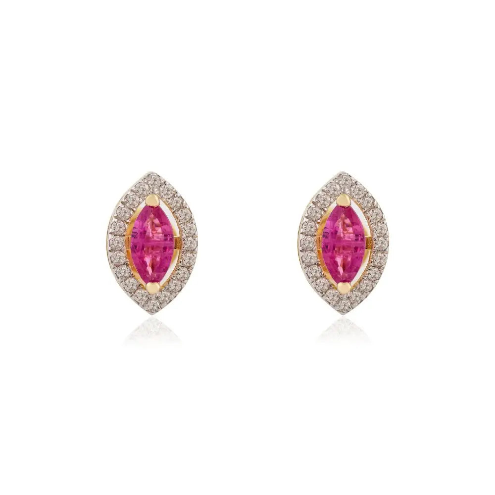 Natural Ruby & Diamond Marquise Shape Stud Earrings in 18k Gold