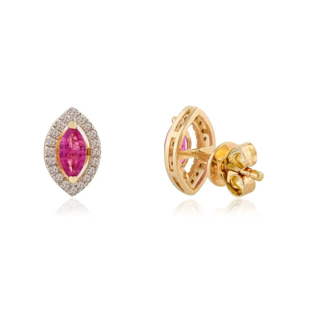 Natural Ruby & Diamond Marquise Shape Stud Earrings in 18k Gold