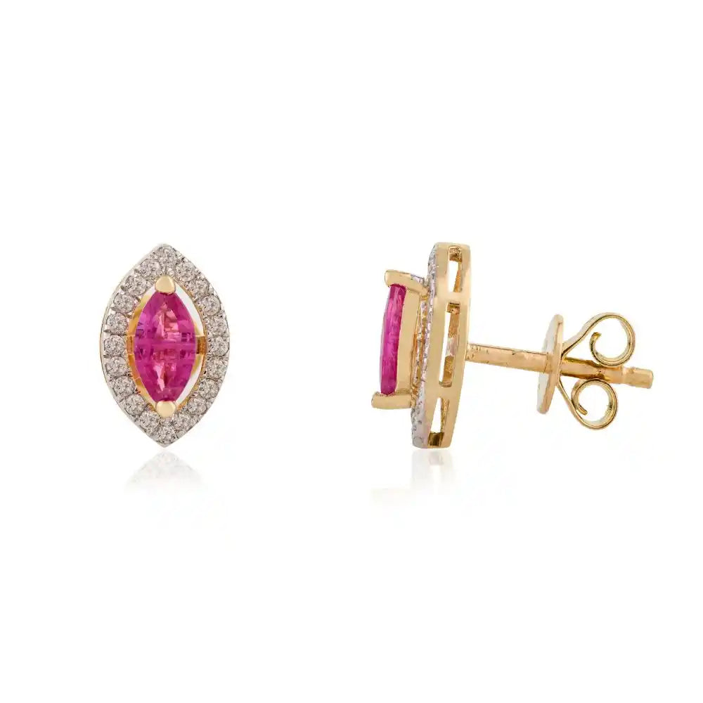 Natural Ruby & Diamond Marquise Shape Stud Earrings in 18k Gold