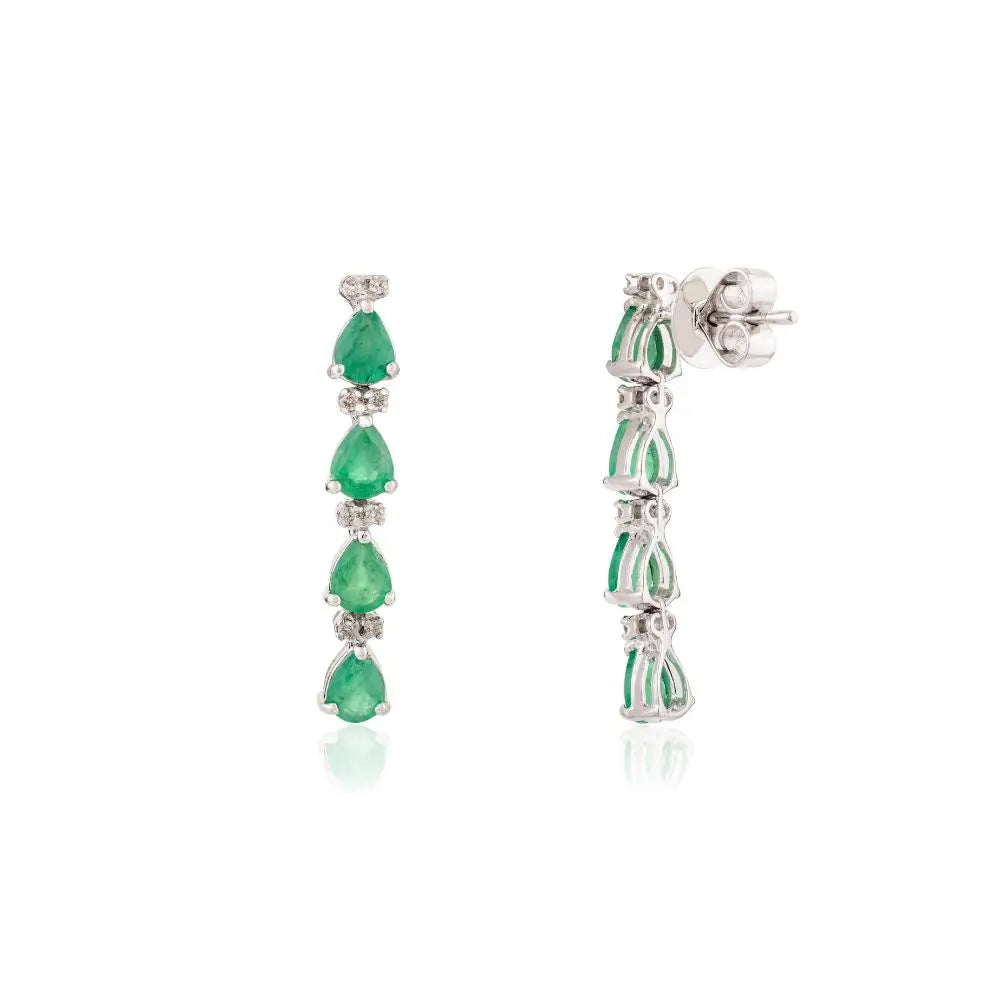 Pear Cut Emerald & Diamond Long Dangle Drop Earrings in 18k White Gold