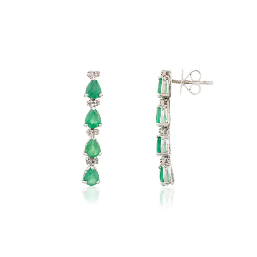 Pear Cut Emerald & Diamond Long Dangle Drop Earrings in 18k White Gold