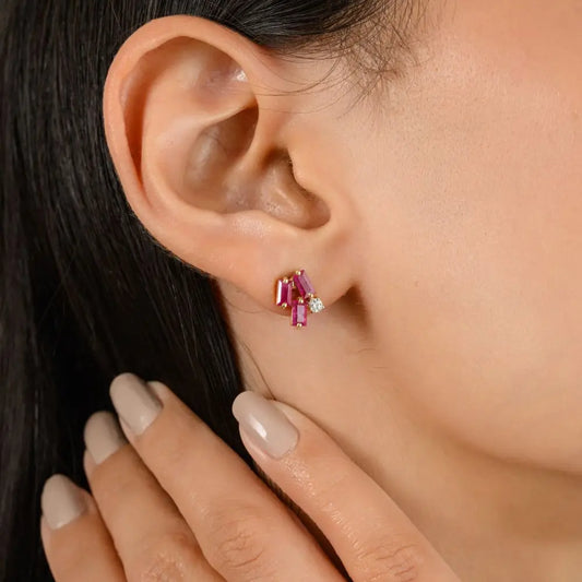 Newly Designed 18k Yellow Gold With Natural Ruby and Diamond Stud Earrings