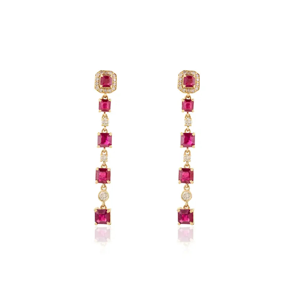 Square Cut Ruby & Diamond Fine Long Dangle Earrings Engagement Gift 14K Real Yellow Gold