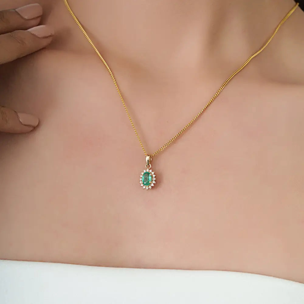 Handmade 14K Yellow Gold Emerald & Diamond Cluster Pendant Small Daily Wear Jewelry