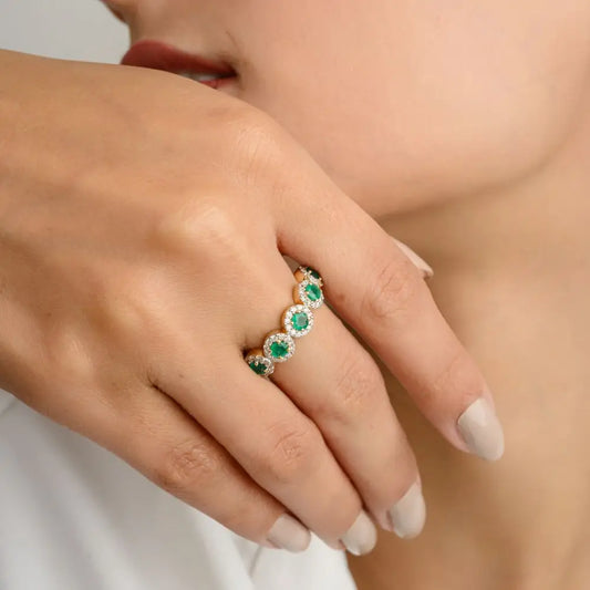 Beautifully Designed 100% Genuine Round Cut Emerald & Diamond Half Band Ring