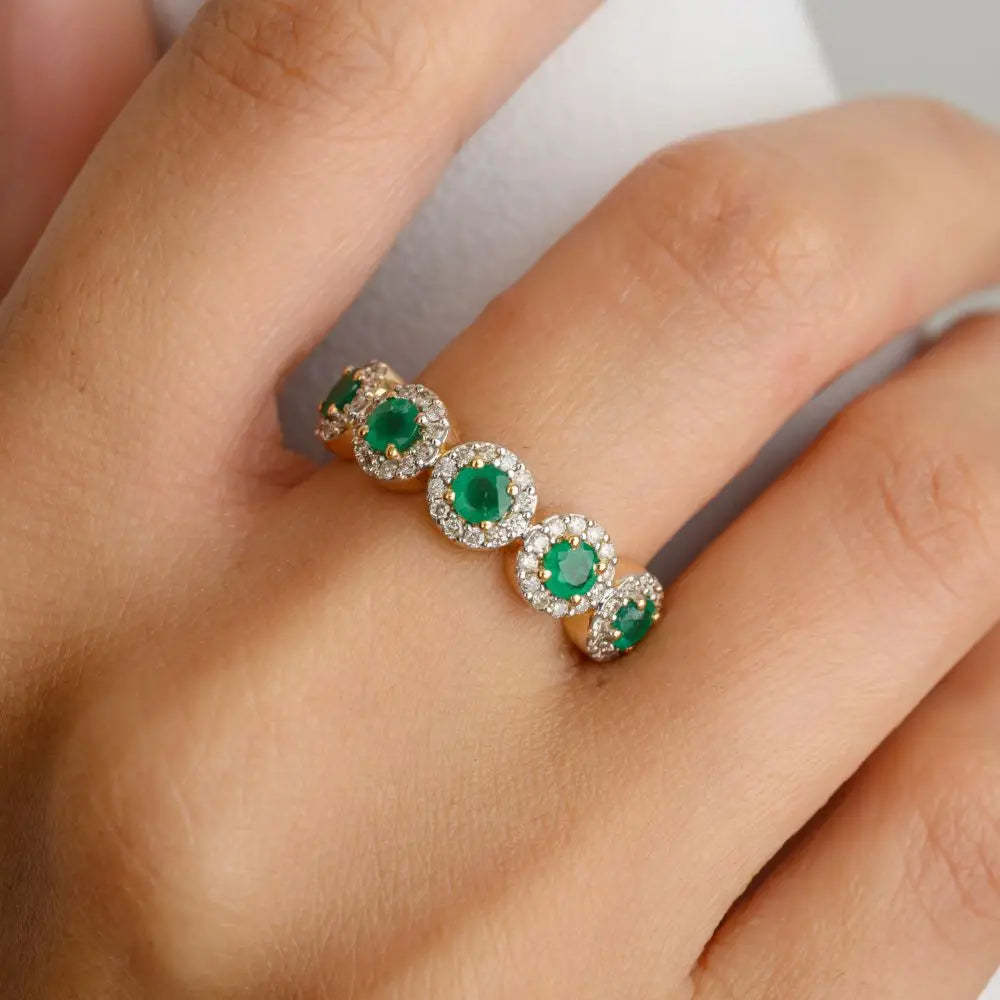 Beautifully Designed 100% Genuine Round Cut Emerald & Diamond Half Band Ring