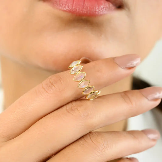 100% Authentic Rainbow Moonstone Marquise Shape 18K Yellow Gold Half Eternity Band Ring