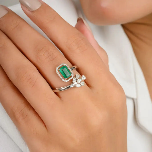 Classic Design 18k Real White Gold With Natural Emerald & Diamond Open Wedding Ring