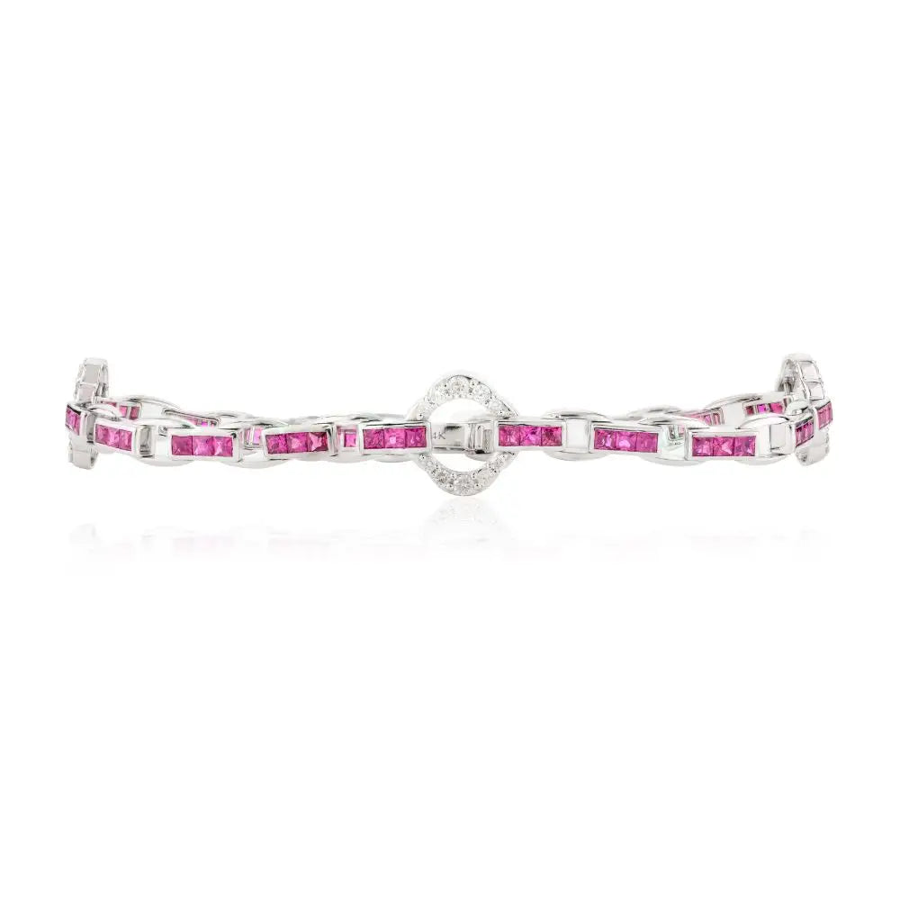 Classic Design Natural Square Cut Ruby and Diamond Clover Tennis Bracelet