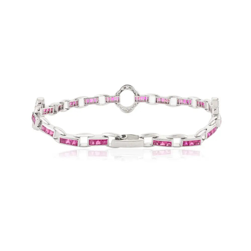 Classic Design Natural Square Cut Ruby and Diamond Clover Tennis Bracelet