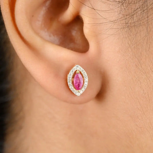 Natural Ruby & Diamond Marquise Shape Stud Earrings in 18k Gold