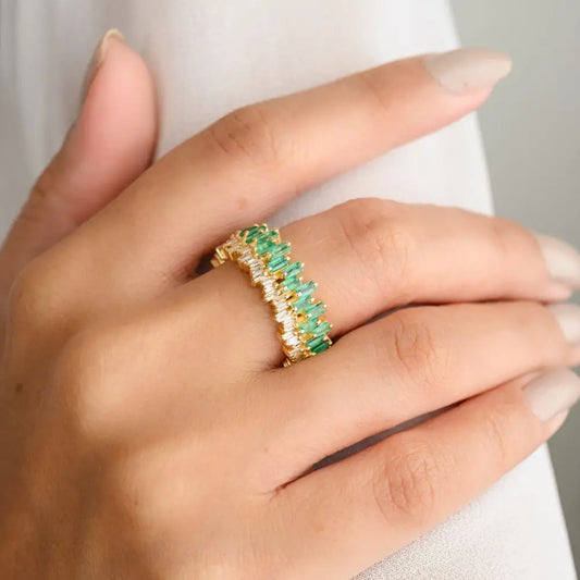 Classic Design Baguette Cut Emerald & Diamond Eternity Band Ring in 18k Yellow Gold
