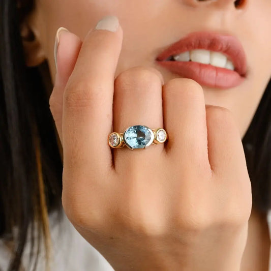 Latest Design Three Stone Wedding Ring in Aquamarine & Diamond
