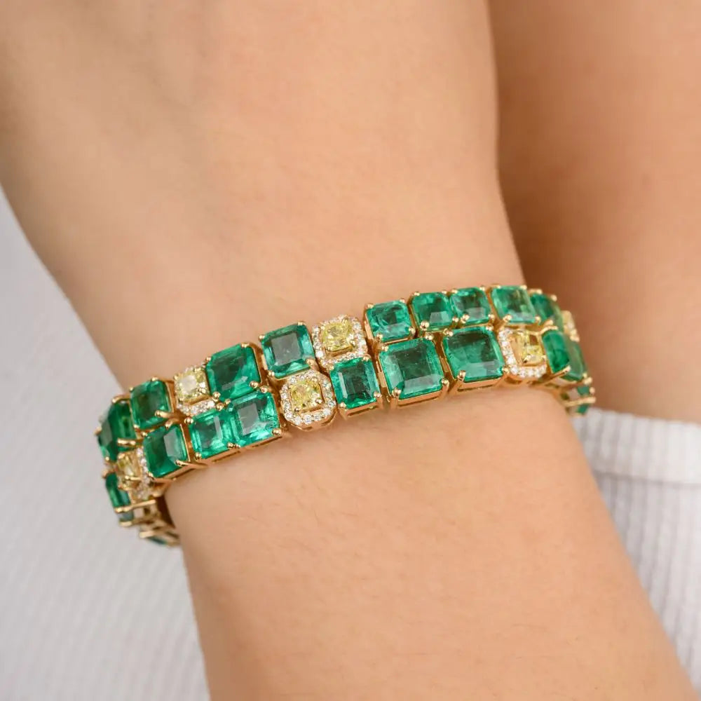 Natural Square Cut Emerald and Diamond Clover Tennis Bracelet Jewelry