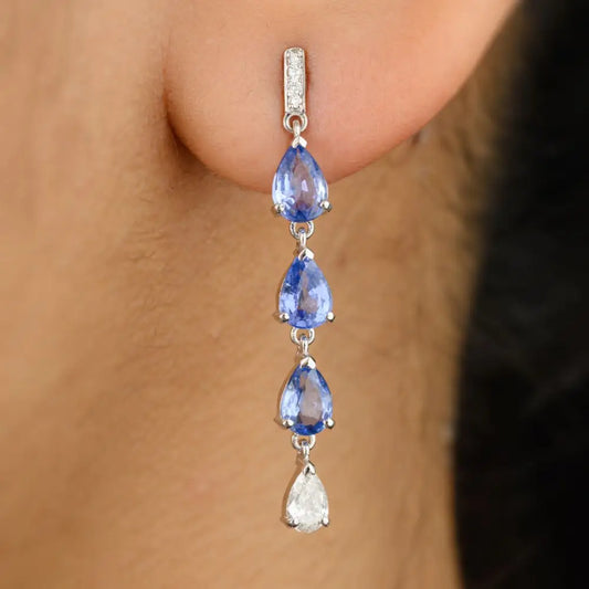 Natural Pear Cut Blue Sapphire & Diamond Teardrop Earrings in 18k Gold