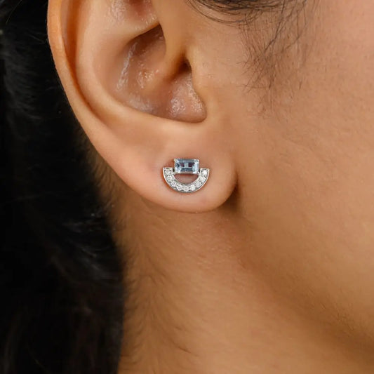 Everyday Wear Aquamarine & Diamond 14k Solid White Gold Stud Earrings