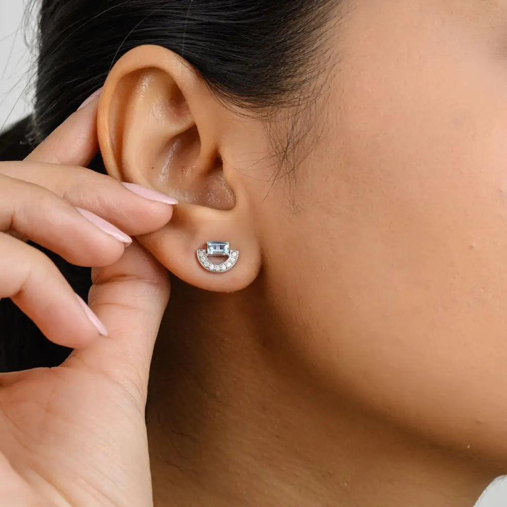Everyday Wear Aquamarine & Diamond 14k Solid White Gold Stud Earrings