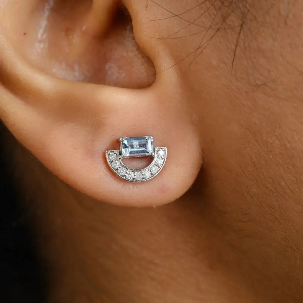 Everyday Wear Aquamarine & Diamond 14k Solid White Gold Stud Earrings