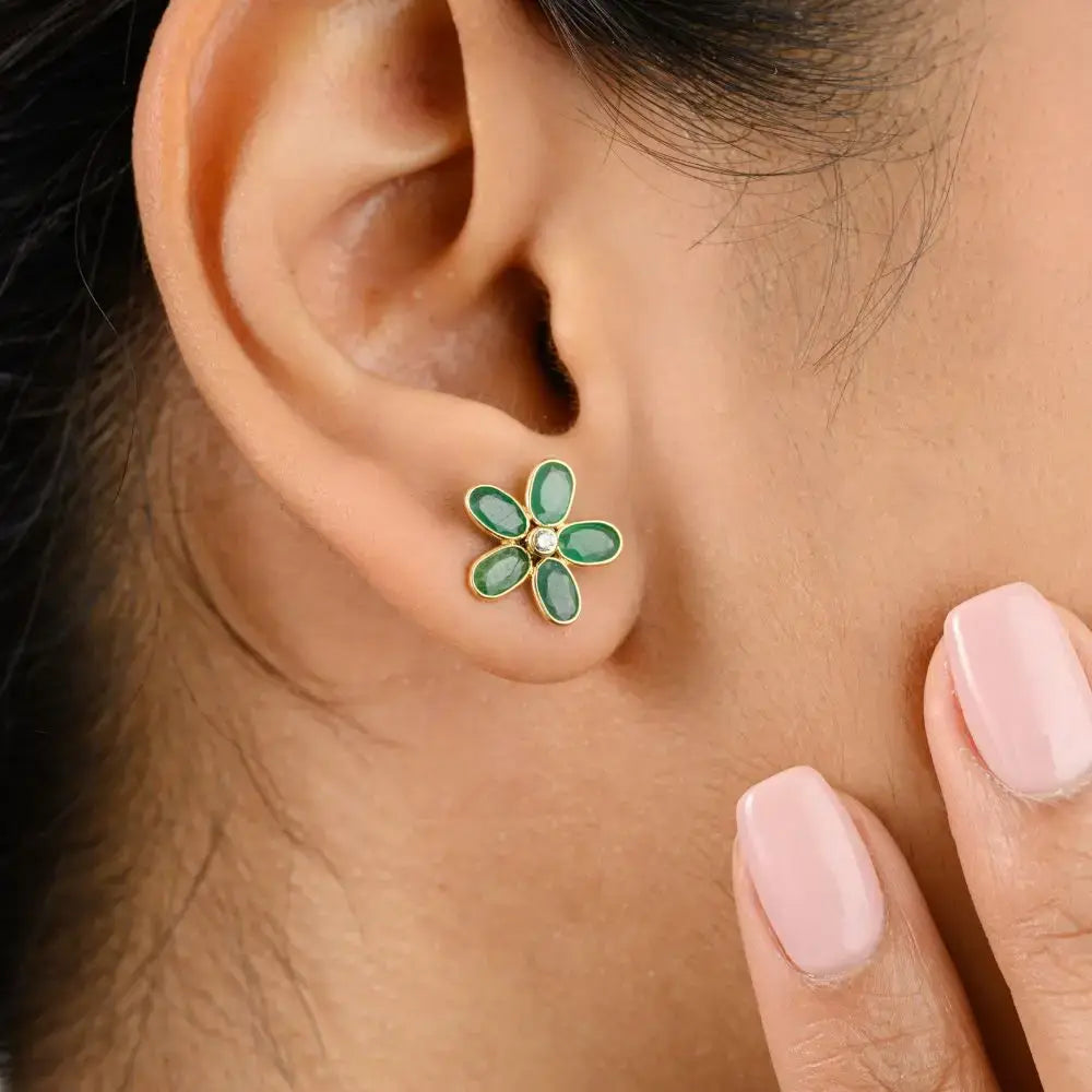 Everyday Wear Emerald & Diamond Flower Stud Earrings in 18k Yellow gold