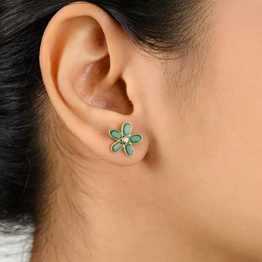 Everyday Wear Emerald & Diamond Flower Stud Earrings in 18k Yellow gold