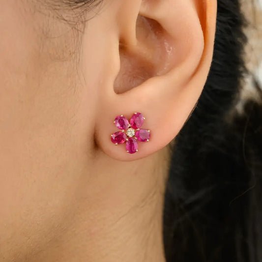 Oval Cut Ruby & Diamond Floral Stud Earrings With 14k Solid Yellow Gold