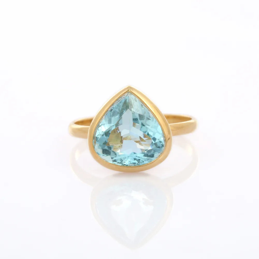 Handmade Natural Pear Shape Aquamarine 18K Solid Yellow Gold Minimal Ring