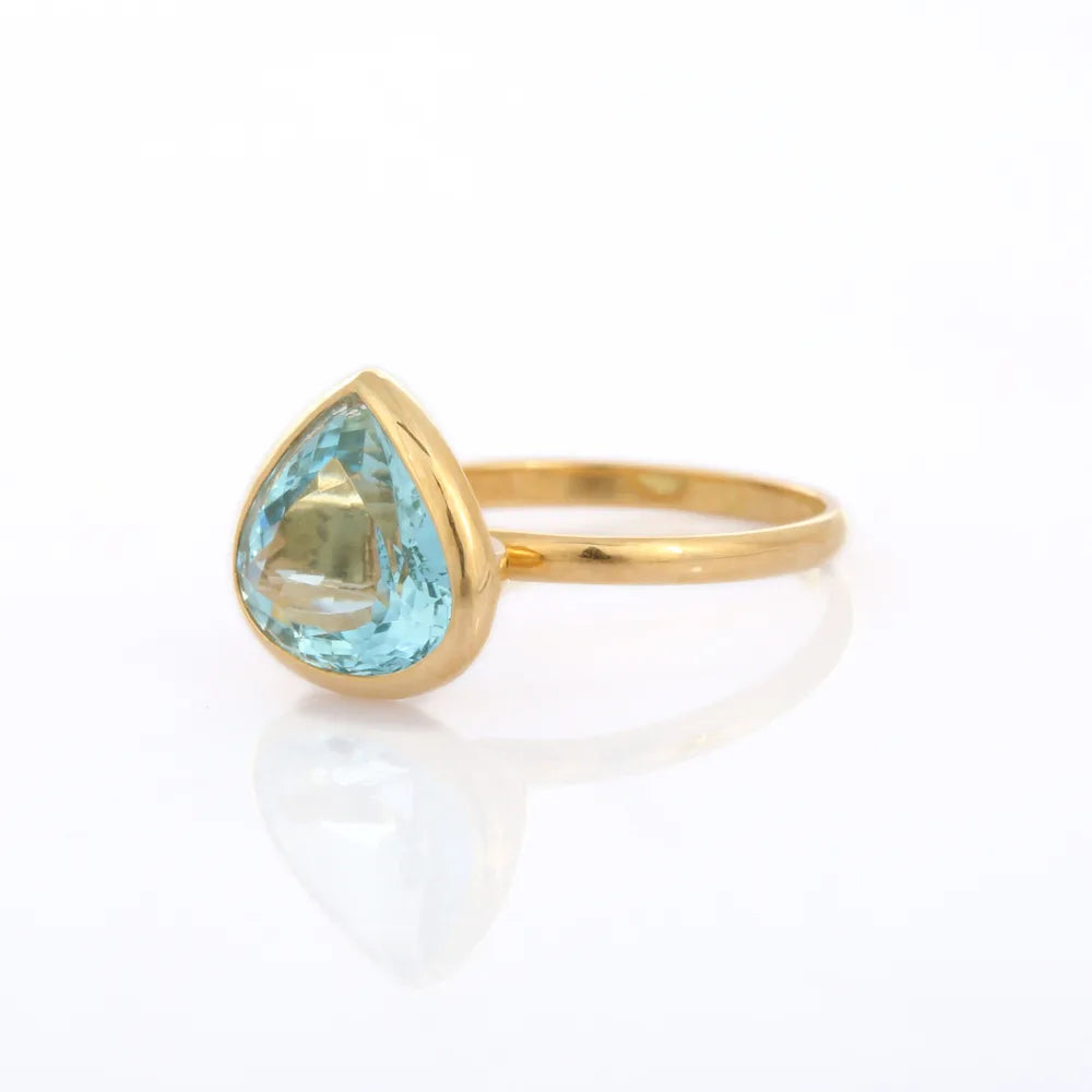 Handmade Natural Pear Shape Aquamarine 18K Solid Yellow Gold Minimal Ring