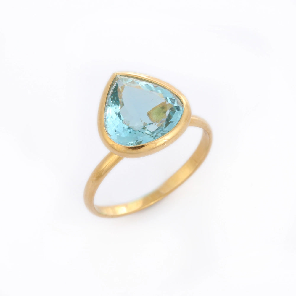 Handmade Natural Pear Shape Aquamarine 18K Solid Yellow Gold Minimal Ring