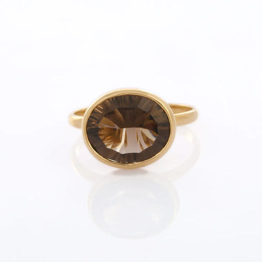 Minimalist Jewelry Natural Smoky Topaz 18K Yellow Gold Single Stone Ring