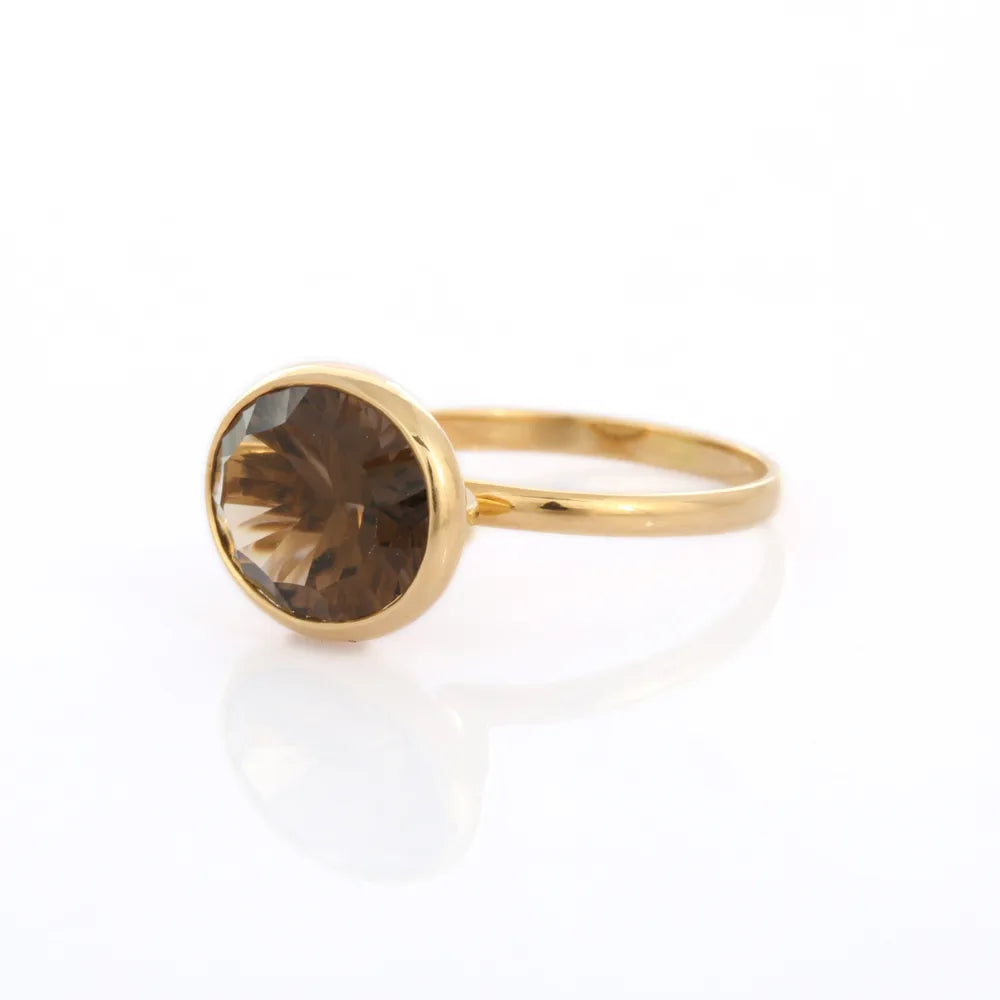 Minimalist Jewelry Natural Smoky Topaz 18K Yellow Gold Single Stone Ring