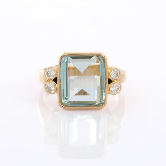 Handcrafted Natural Aquamarine & Diamond 18K Solid Yellow Gold Unique Ring