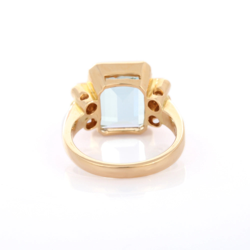 Handcrafted Natural Aquamarine & Diamond 18K Solid Yellow Gold Unique Ring