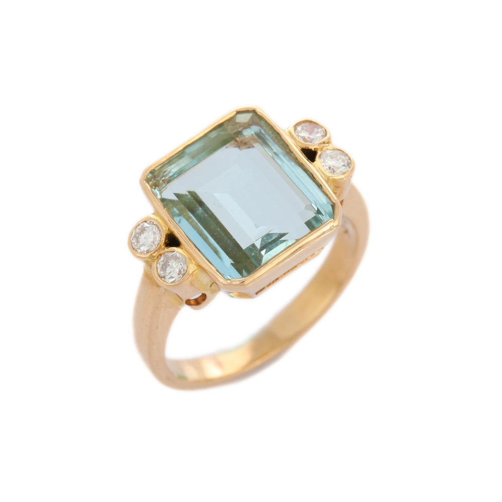 Handcrafted Natural Aquamarine & Diamond 18K Solid Yellow Gold Unique Ring