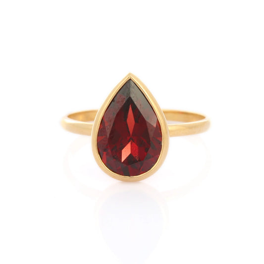 Handmade Pear Shape Natural Garnet 18K Solid Yellow Gold Single Stone Ring