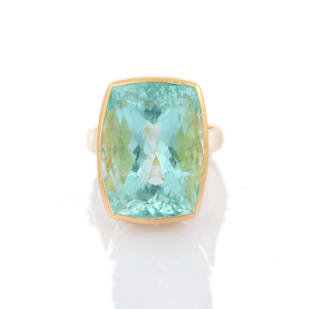 Birthstone Jewelry Aquamarine Cushion Shape 18K Solid Yellow Gold Statement Ring