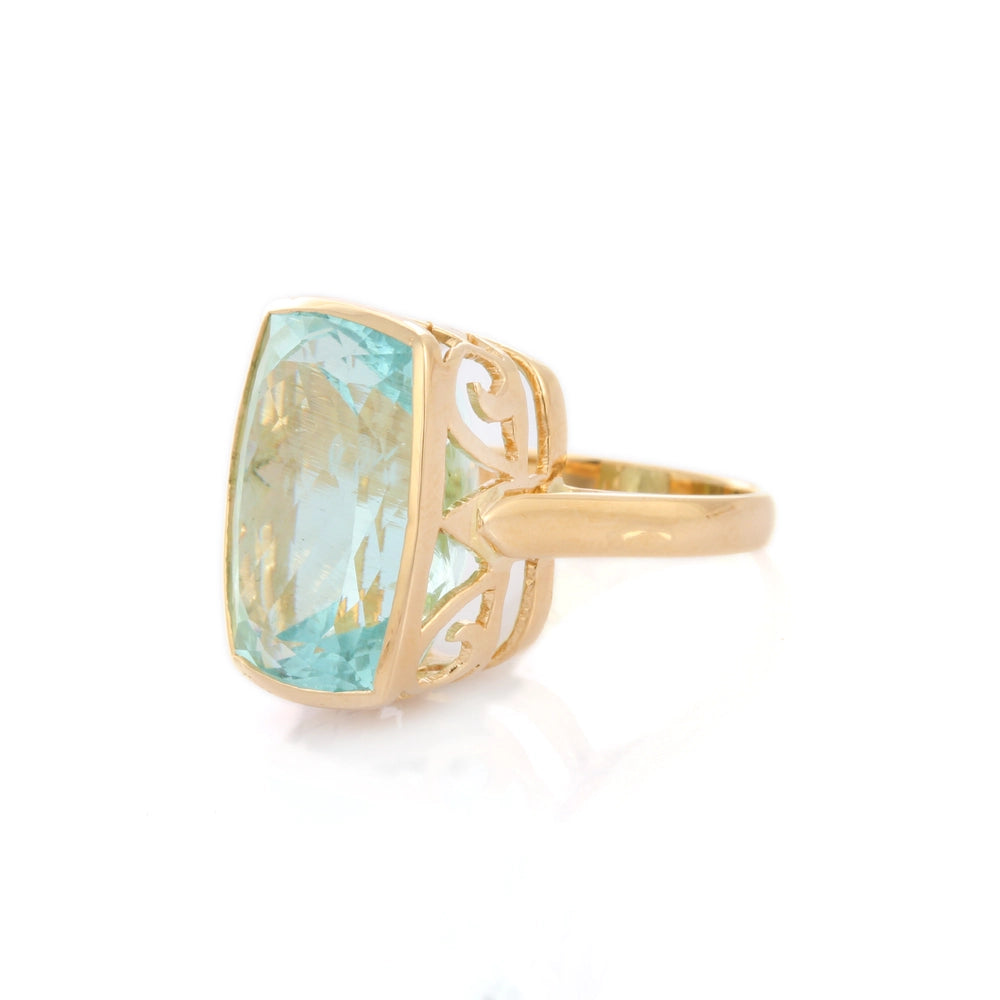 Birthstone Jewelry Aquamarine Cushion Shape 18K Solid Yellow Gold Statement Ring