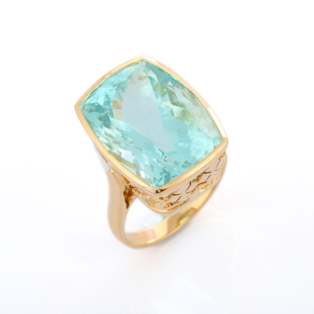 Birthstone Jewelry Aquamarine Cushion Shape 18K Solid Yellow Gold Statement Ring