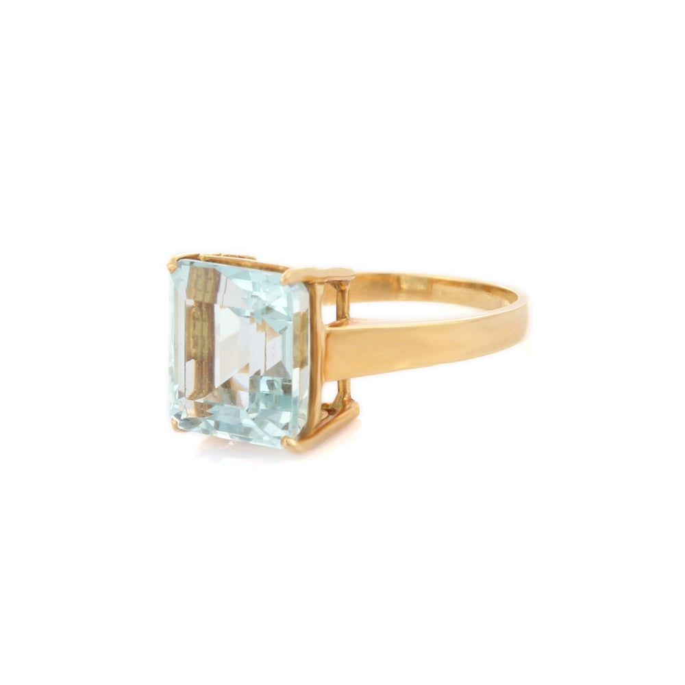 Fine Jewelry Genuine K18 Solid Yellow Gold Natural Aquamarine Gemstone Ring