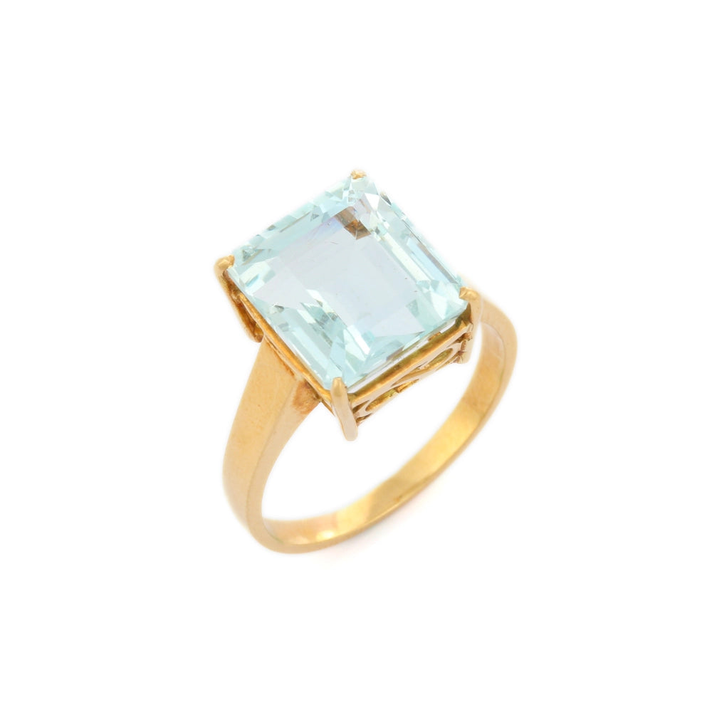 Fine Jewelry Genuine K18 Solid Yellow Gold Natural Aquamarine Gemstone Ring