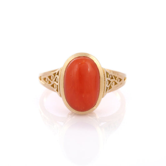 Fashion Jewelry 14K Pure Yellow Gold Coral Cocktail Ring