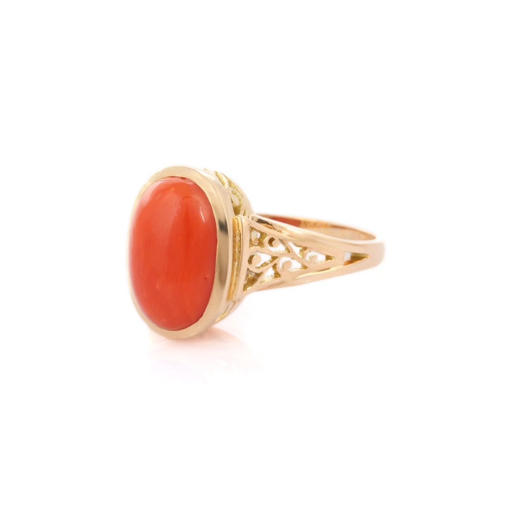 Fashion Jewelry 14K Pure Yellow Gold Coral Cocktail Ring